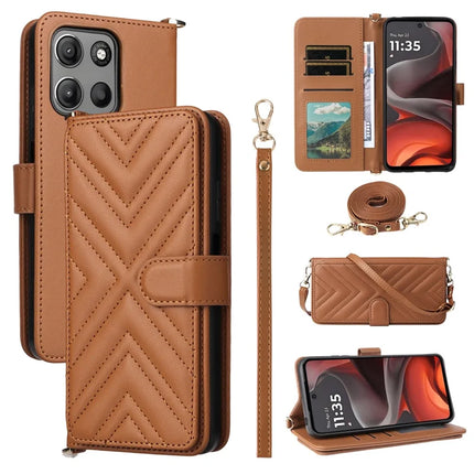 For Motorola Moto G15 Power 4G  /  G15 4G Wallet Case with Shoulder Strap Leather Phone Cover - Brown