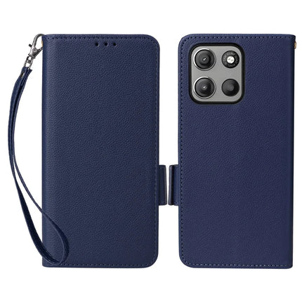 For Motorola Moto G15 Power 4G  /  G15 4G Case Litchi Texture PU Leather Wallet Flip Phone Cover - Dark Blue