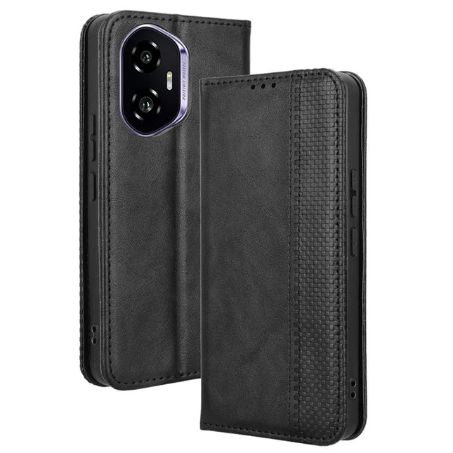 For Honor 300 Leather Case Wallet Stand Retro Texture Phone Cover - Black