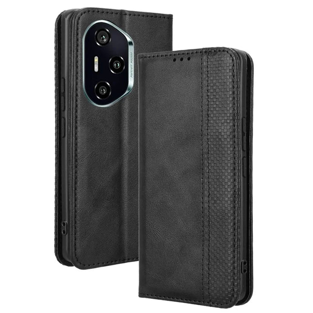For Honor 300 Pro  /  300 Ultra Leather Case Wallet Stand Retro Texture Phone Cover - Black