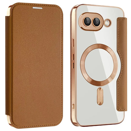 For Google Pixel 9a Case Compatible with MagSafe RFID Blocking Leather Phone Cover - Brown