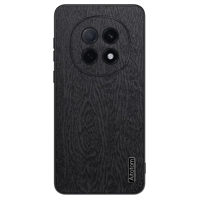 For Oppo A5 Pro 5G Case Wood Texture PU Leather Coated PC TPU Phone Cover - Black
