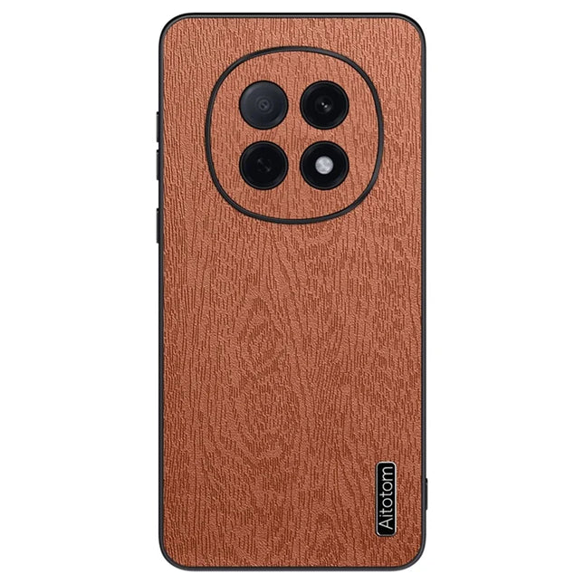 For Oppo A5 Pro 5G Case Wood Texture PU Leather Coated PC TPU Phone Cover - Brown