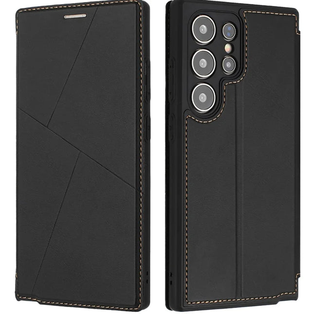 For Samsung Galaxy S23 Ultra Case Magnetic Closure Card Slot Leather Flip Phone Cover - Black