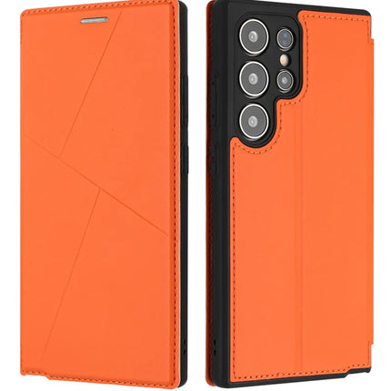 For Samsung Galaxy S23 Ultra Case Magnetic Closure Card Slot Leather Flip Phone Cover - Orange