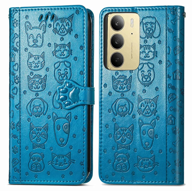 For Realme C75 Leather Wallet Case Flip Phone Cover with Cute Cat Dog Pattern - Blue