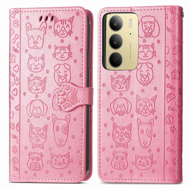 For Realme C75 Leather Wallet Case Flip Phone Cover with Cute Cat Dog Pattern - Pink