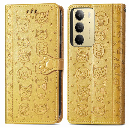 For Realme C75 Leather Wallet Case Flip Phone Cover with Cute Cat Dog Pattern - Yellow