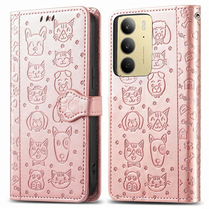 For Realme C75 Leather Wallet Case Flip Phone Cover with Cute Cat Dog Pattern - Rose Gold