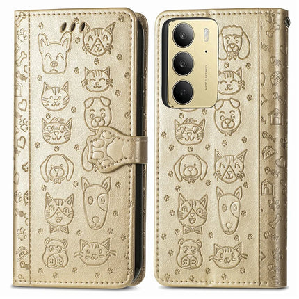 For Realme C75 Leather Wallet Case Flip Phone Cover with Cute Cat Dog Pattern - Gold