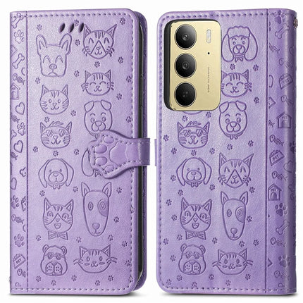 For Realme C75 Leather Wallet Case Flip Phone Cover with Cute Cat Dog Pattern - Light Purple