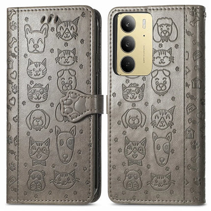 For Realme C75 Leather Wallet Case Flip Phone Cover with Cute Cat Dog Pattern - Grey
