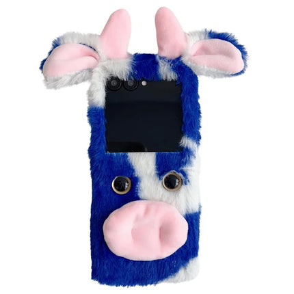 For Motorola Razr 50 5G / Razr 2024 5G Case Fluffy Cute Cow Winter Plush Inner TPU Phone Cover - Blue