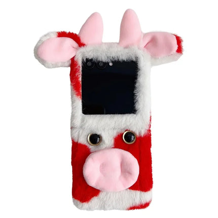 For Motorola Razr 50 5G / Razr 2024 5G Case Fluffy Cute Cow Winter Plush Inner TPU Phone Cover - Red