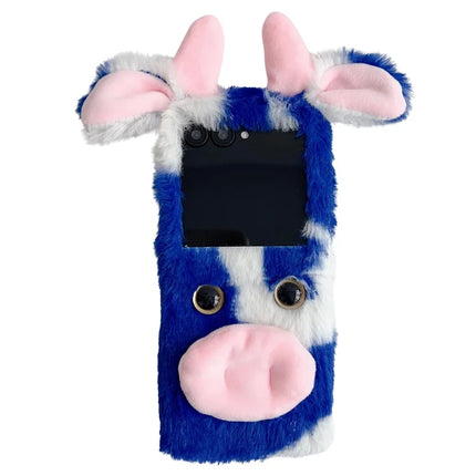 For Motorola Razr 50 Ultra 5G / Razr+ 2024 5G Case Fluffy Cute Cow Winter Plush Inner TPU Phone Cover - Blue