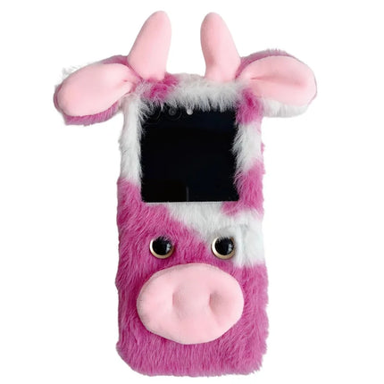 For Motorola Razr 50 Ultra 5G / Razr+ 2024 5G Case Fluffy Cute Cow Winter Plush Inner TPU Phone Cover - Pink