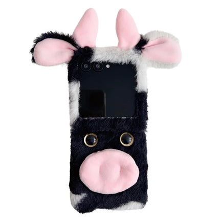 For Motorola Razr 50 Ultra 5G / Razr+ 2024 5G Case Fluffy Cute Cow Winter Plush Inner TPU Phone Cover - Black