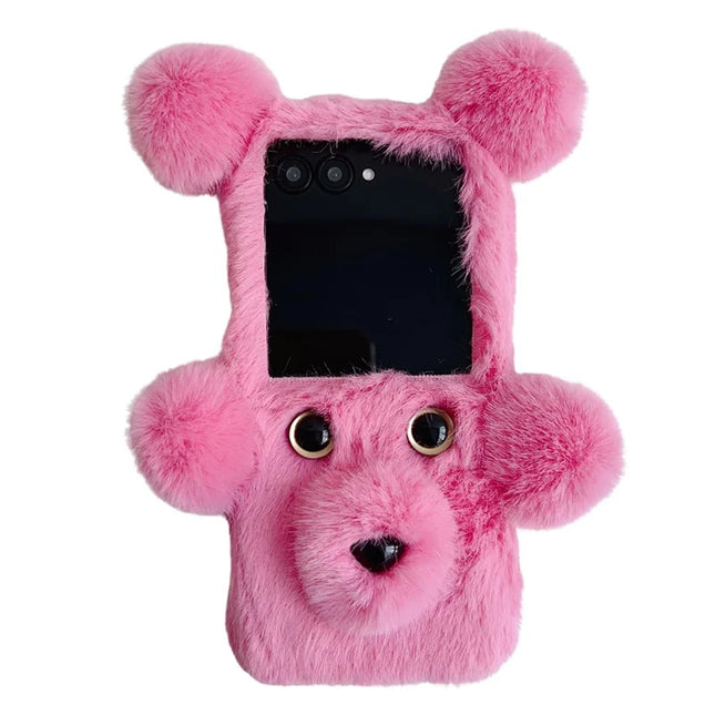 For Motorola Razr 50 Ultra 5G / Razr+ 2024 5G Case 3D Bear Faux Fur Fluffy Inner TPU Phone Cover - Pink