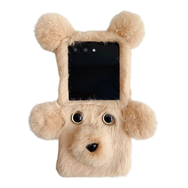 For Motorola Razr 50 Ultra 5G / Razr+ 2024 5G Case 3D Bear Faux Fur Fluffy Inner TPU Phone Cover - Beige