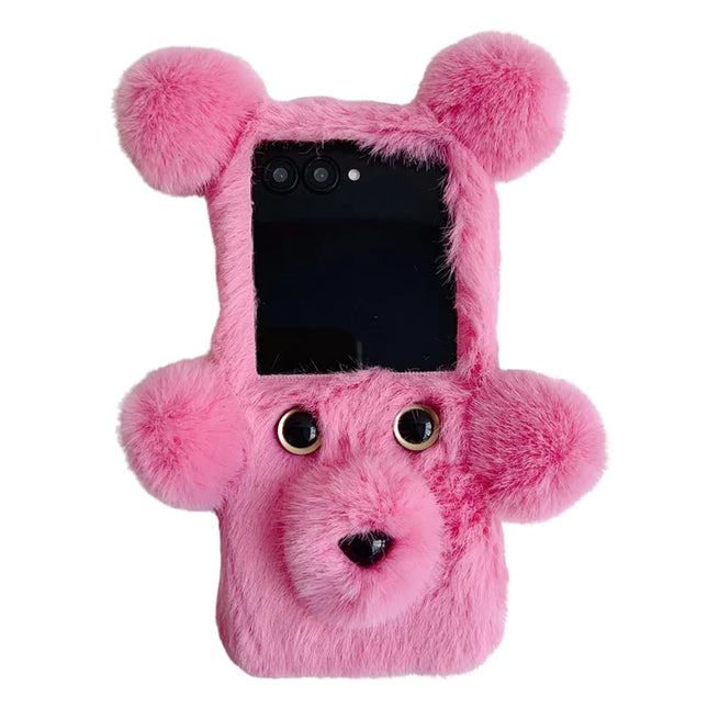 For Motorola Razr 50 5G / Razr 2024 5G Case 3D Bear Faux Fur Fluffy Inner TPU Phone Cover - Pink