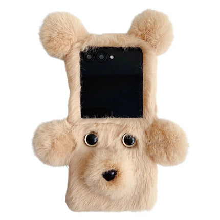 For Motorola Razr 50 5G / Razr 2024 5G Case 3D Bear Faux Fur Fluffy Inner TPU Phone Cover - Beige