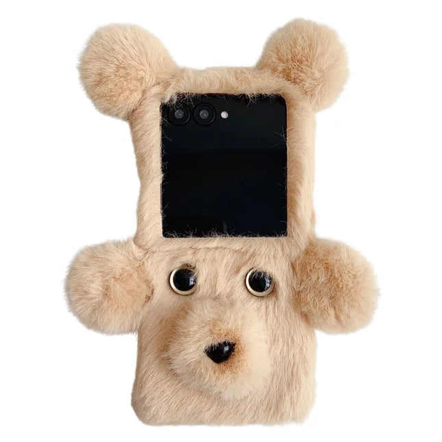For Motorola Razr 50 5G / Razr 2024 5G Case 3D Bear Faux Fur Fluffy Inner TPU Phone Cover - Beige