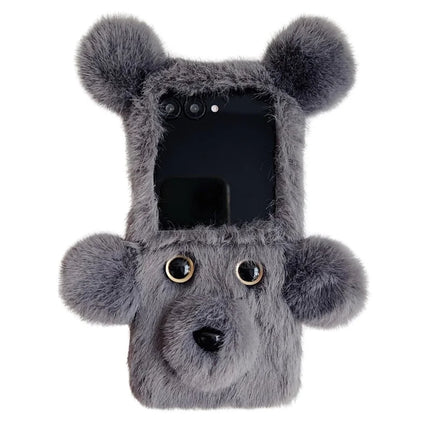 For Motorola Razr 50 5G / Razr 2024 5G Case 3D Bear Faux Fur Fluffy Inner TPU Phone Cover - Grey