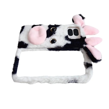 For Google Pixel 9 Pro Fold 5G Case Fluffy Cute Cow Winter Plush Inner TPU Phone Cover