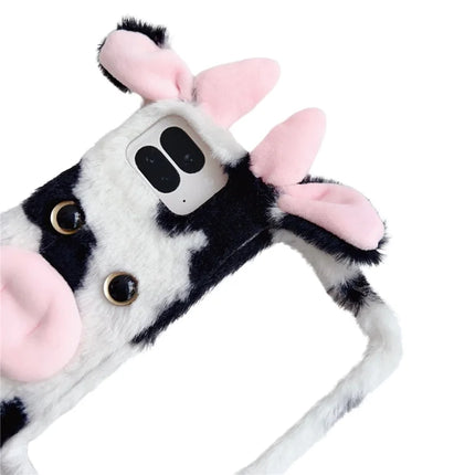 For Google Pixel 9 Pro Fold 5G Case Fluffy Cute Cow Winter Plush Inner TPU Phone Cover