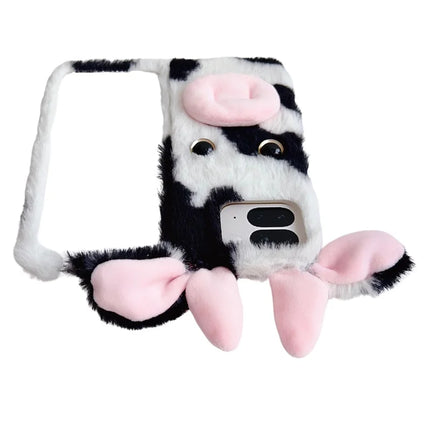 For Google Pixel 9 Pro Fold 5G Case Fluffy Cute Cow Winter Plush Inner TPU Phone Cover