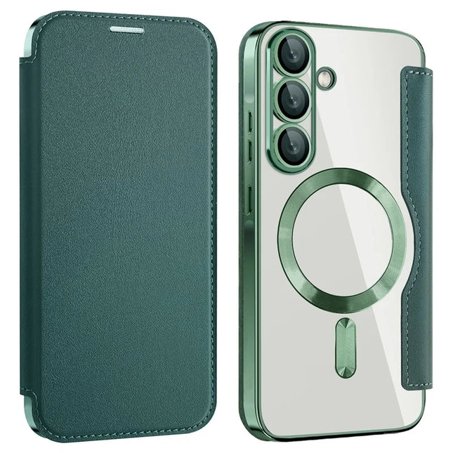 For Samsung Galaxy A36 5G Case Compatible with MagSafe RFID Blocking Leather Phone Cover - Blackish Green