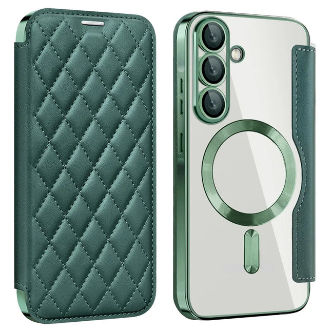 For Samsung Galaxy A36 5G Case Compatible with MagSafe Rhombus PU Leather Phone Cover - Blackish Green