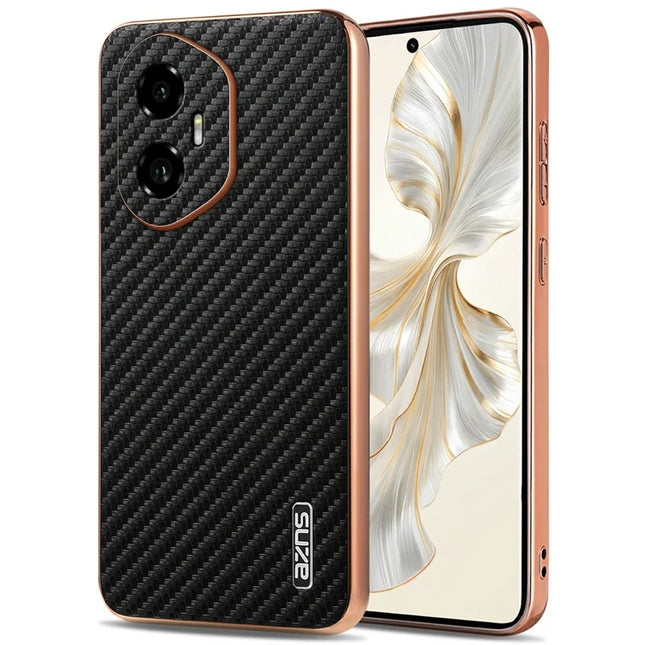 AZNS For Honor 300 Case Electroplating Carbon Fiber Texture PU + TPU Phone Cover - Black