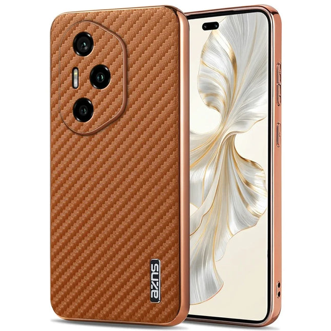 AZNS For Honor 300 Pro Case Electroplating Carbon Fiber Texture PU + TPU Phone Cover - Brown