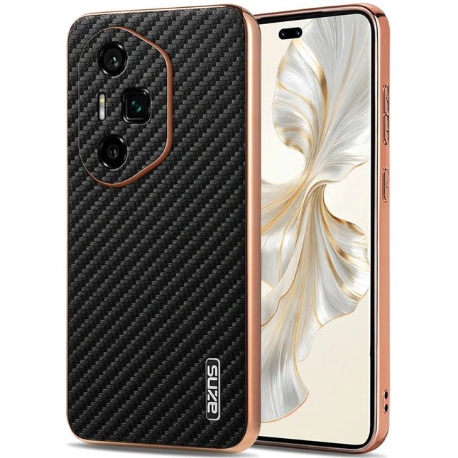 AZNS For Honor 300 Ultra Case Electroplating Carbon Fiber Texture PU + TPU Phone Cover - Black