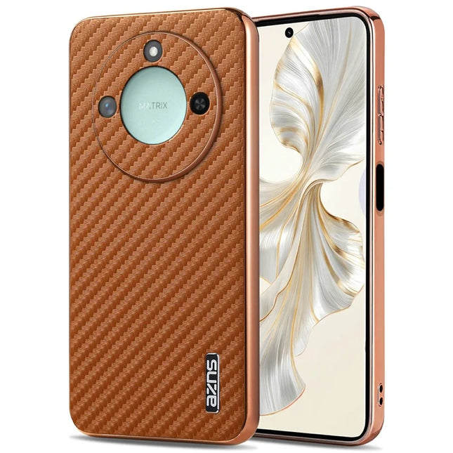 AZNS For Honor X60 5G Case Electroplating Carbon Fiber Texture PU + TPU Phone Cover - Brown
