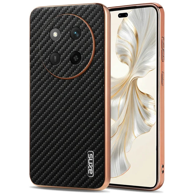 AZNS For Honor X60 Pro 5G Case Electroplating Carbon Fiber Texture PU + TPU Phone Cover - Black