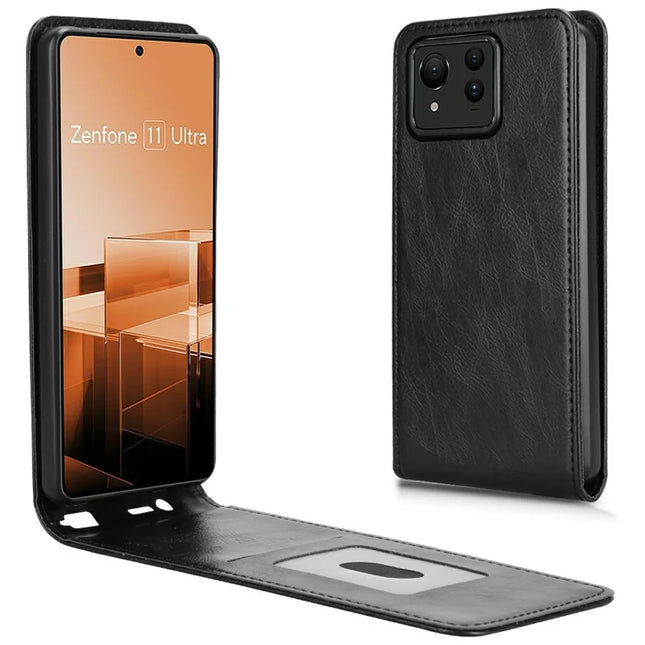 For Asus Zenfone 11 Ultra 5G Case with Card Slot Magnetic Vertical Flip Leather Phone Cover - Black