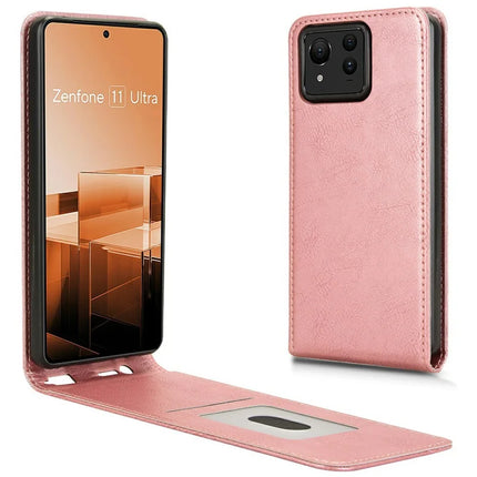 For Asus Zenfone 11 Ultra 5G Case with Card Slot Magnetic Vertical Flip Leather Phone Cover - Rose Gold