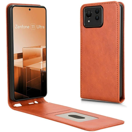 For Asus Zenfone 11 Ultra 5G Case with Card Slot Magnetic Vertical Flip Leather Phone Cover - Orange