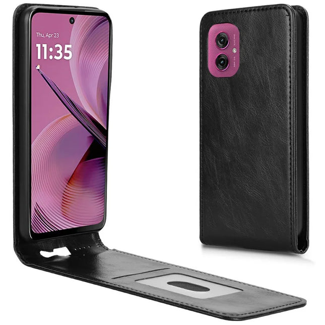 For Motorola Moto G55 5G Case with Card Slot Magnetic Vertical Flip Leather Phone Cover - Black