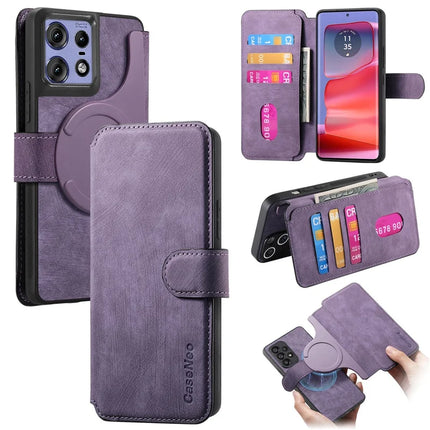 For Motorola Edge 50 Pro 5G Case CASENEO Detachable Magnetic RFID Block Leather Phone Wallet Cover - Purple 
