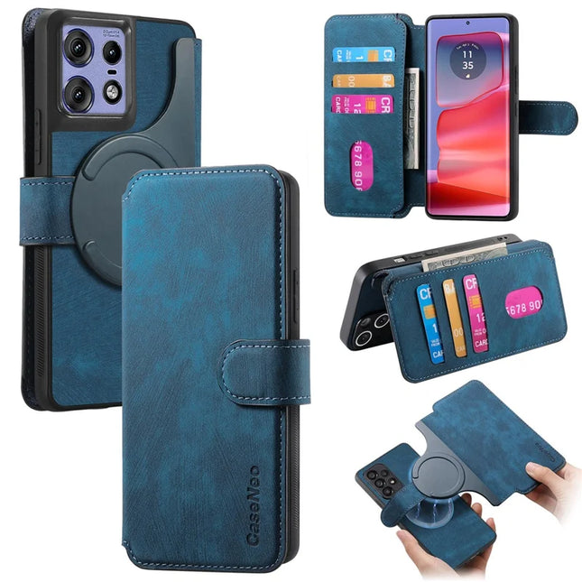 For Motorola Edge 50 Pro 5G Case CASENEO Detachable Magnetic RFID Block Leather Phone Wallet Cover - Dark Blue
