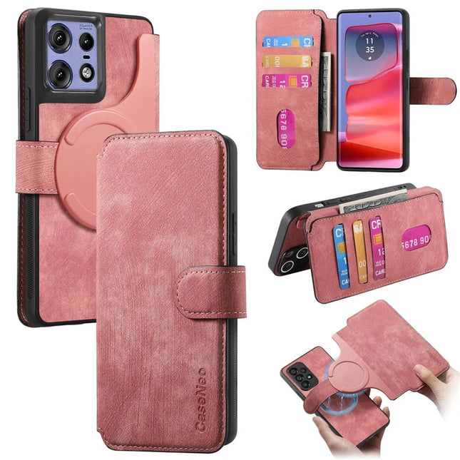 For Motorola Edge 50 Pro 5G Case CASENEO Detachable Magnetic RFID Block Leather Phone Wallet Cover - Pink