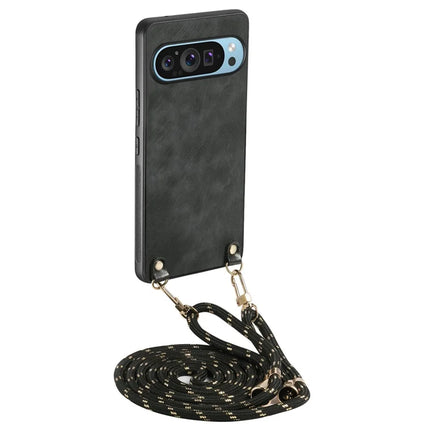 For Google Pixel 9 Retro Leather Phone Back Cover with Adjustable Strap - Black