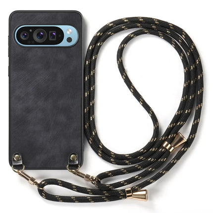 For Google Pixel 9 Retro Leather Phone Back Cover with Adjustable Strap