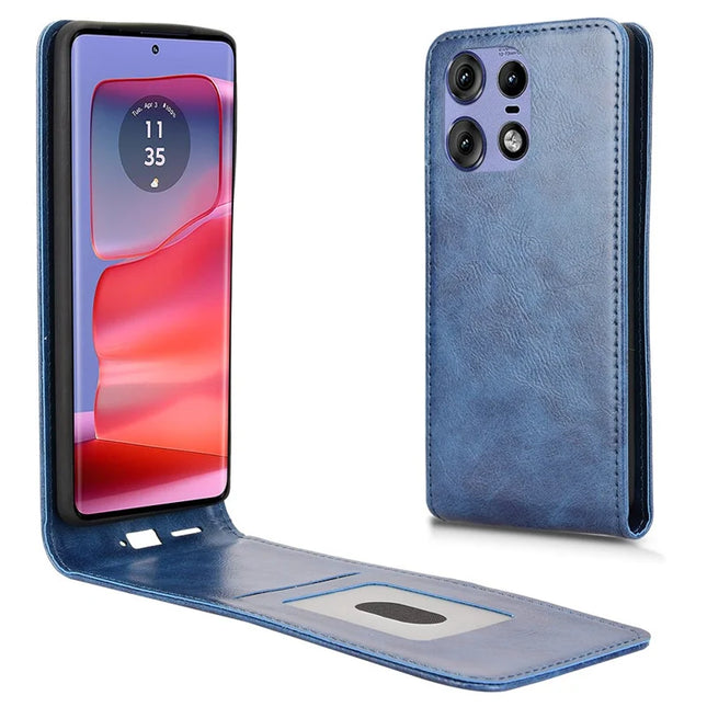 Leather Case For Motorola Edge 50 Pro 5G  /  50s Pro 5G  /  50 5G Magnetic Vertical Flip Phone Cover with Card Slot - Dark Blue