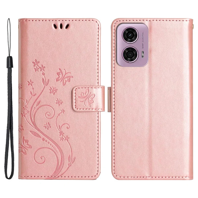 For Motorola Moto G34 5G Case PU Leather Phone Wallet Cover with Strap - Rose Gold