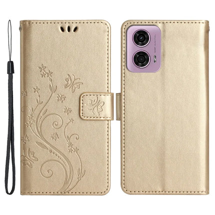 For Motorola Moto G34 5G Case PU Leather Phone Wallet Cover with Strap - Gold