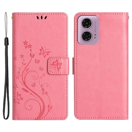 For Motorola Moto G34 5G Case PU Leather Phone Wallet Cover with Strap - Pink